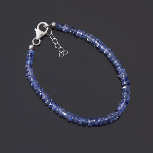 Blue Sapphire Beaded Bracelet Silver ,September Birthstone Natural Faceted bracelet, Gift For Girl & Boys . GemsRush