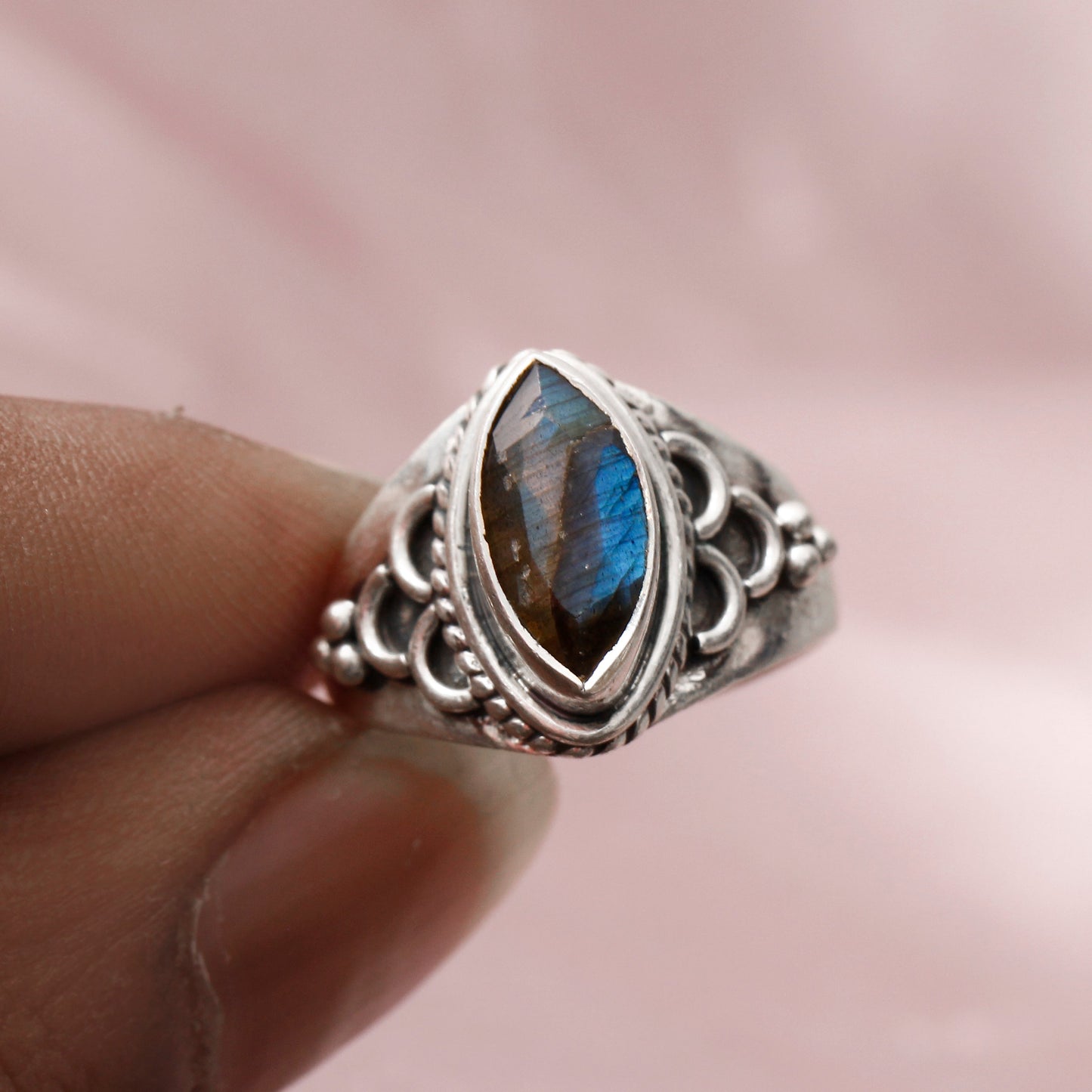Captivating Blue Fire Labradorite Sterling Silver Ring | Size 7 US | Faceted Gemstone GemsRush