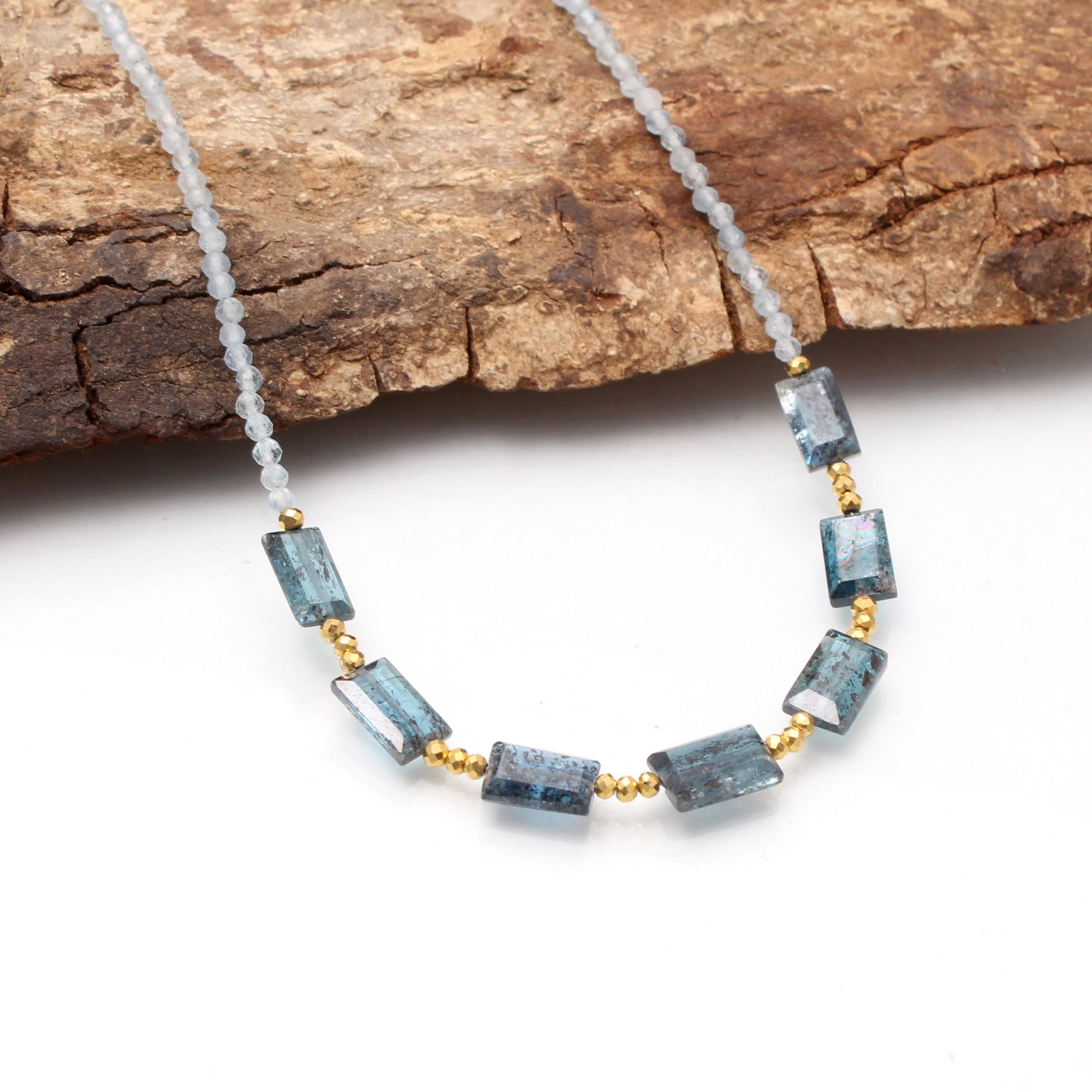 Classic Multi Gemstone Beaded Necklace-Natural Kyanite/ Hematite /Aquamarine Necklace. GemsRush