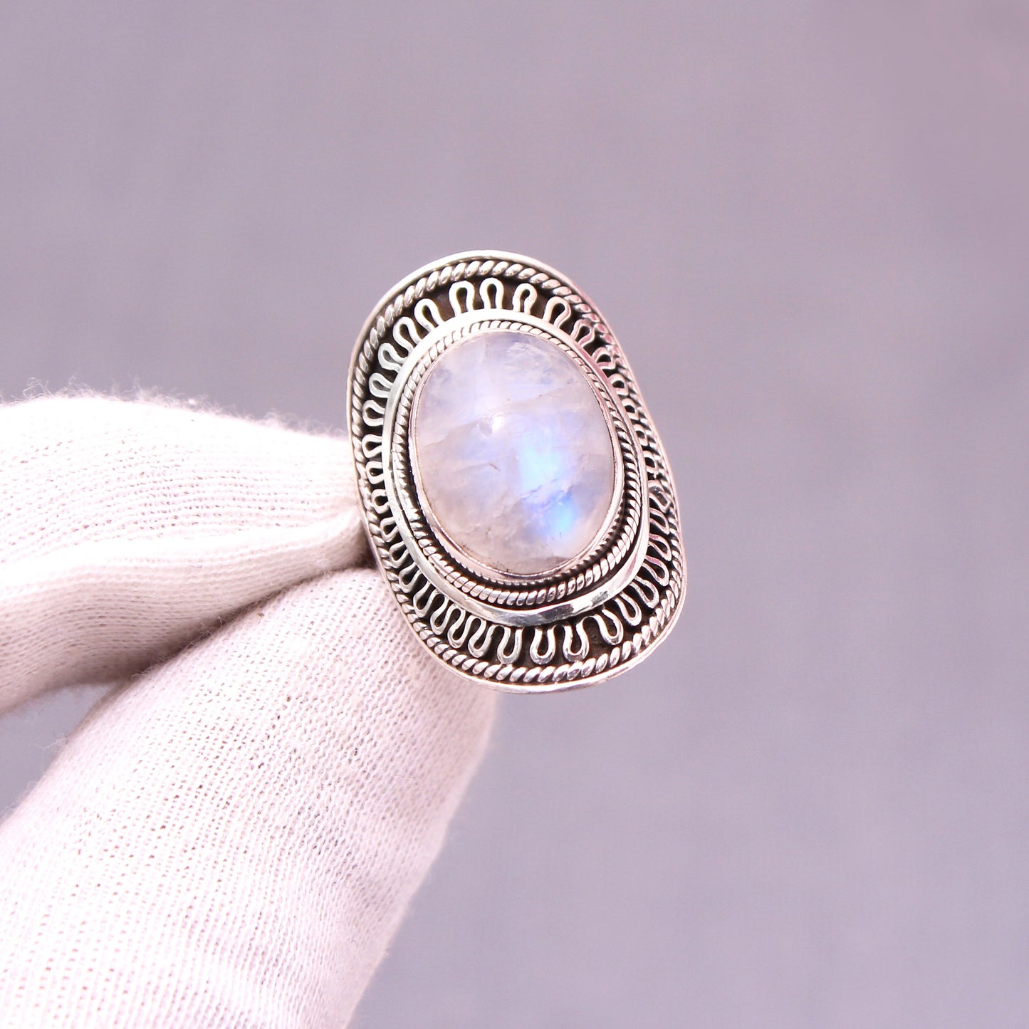 Enchanting Moonlit Glow Sterling Silver Ring with Blue Fire Moonstone | Size 5US GemsRush
