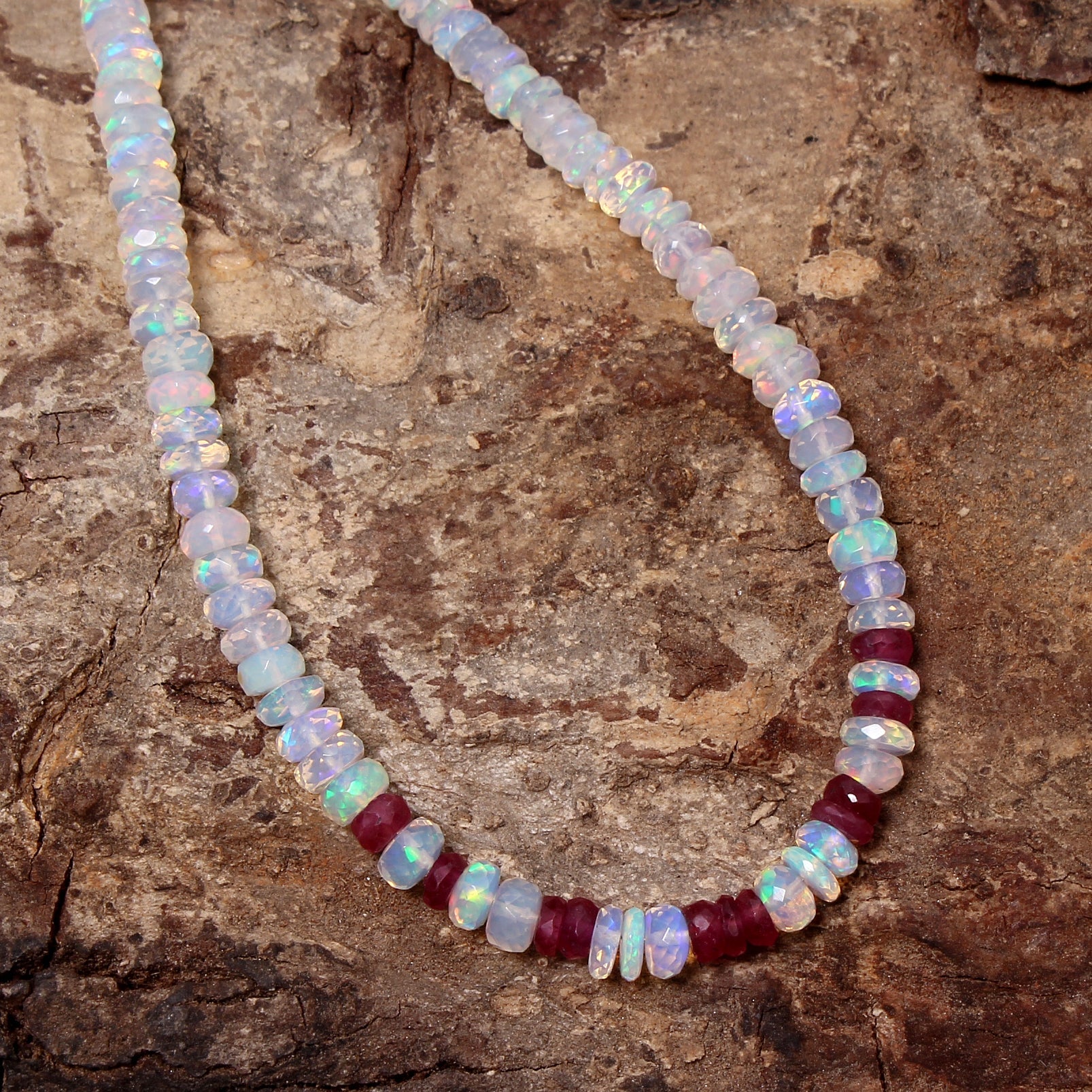 Ethiopian Opal & Ruby Beaded Necklace, Anniversary Gift For Her GemsRush