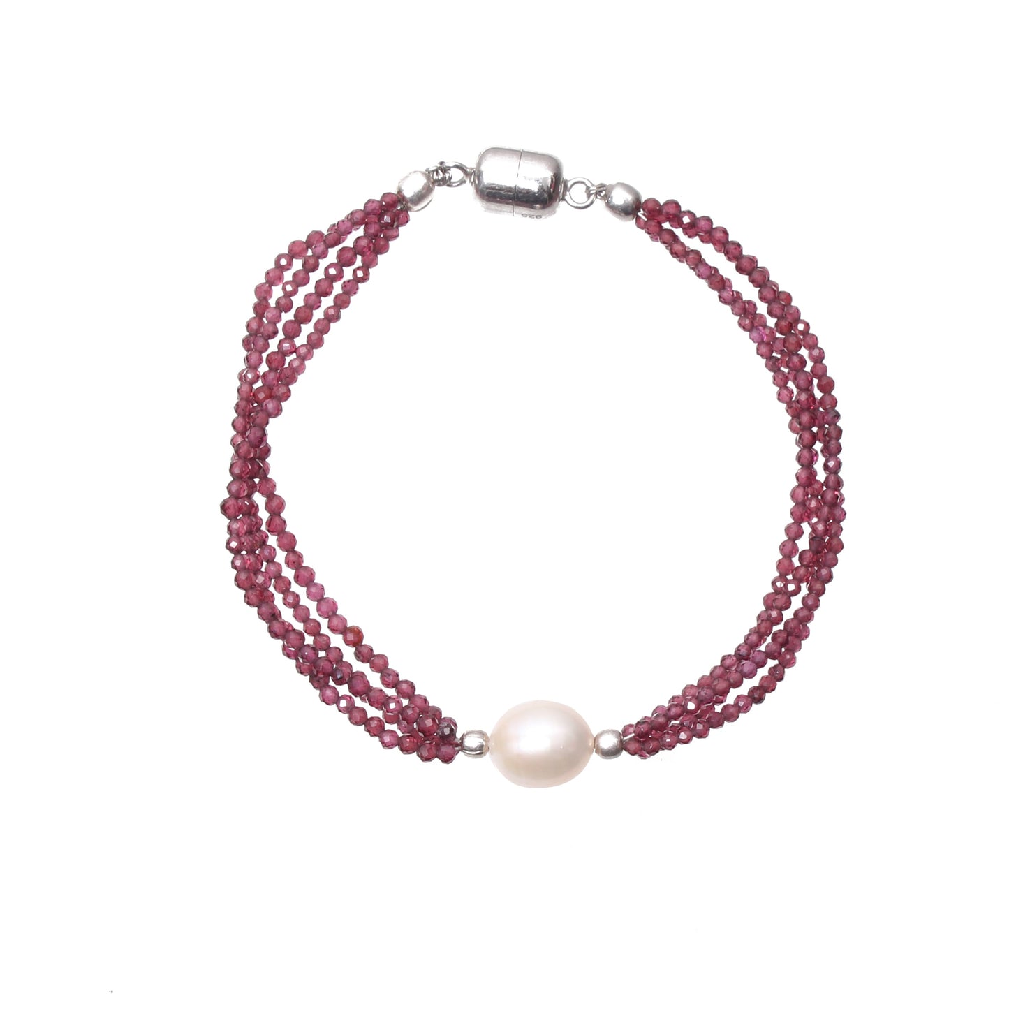 Garnet and Freshwater Pearl Beads Silver Bracelet With Magnetic Lock GemsRush