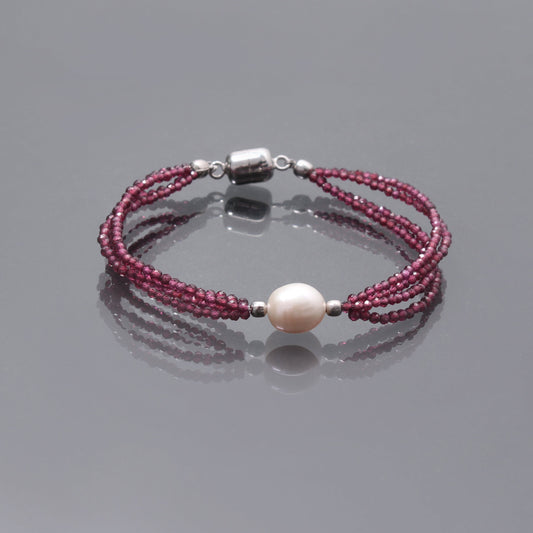Garnet and Freshwater Pearl Beads Silver Bracelet With Magnetic Lock GemsRush