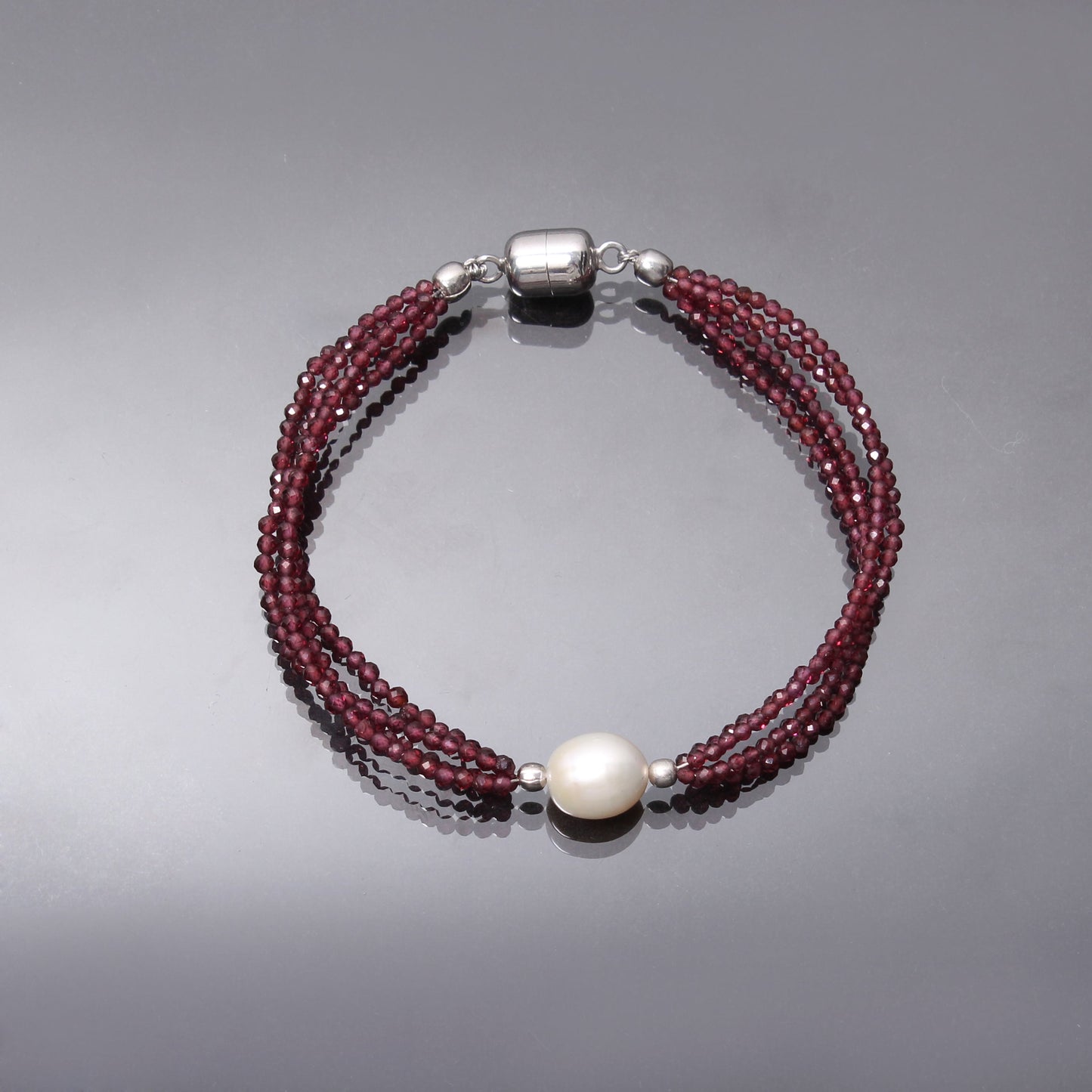 Garnet and Freshwater Pearl Beads Silver Bracelet With Magnetic Lock GemsRush