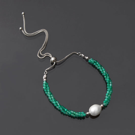 Green Onyx /Pearl Twist Layer Silver Bracelet ( Bolo Chain ) GemsRush