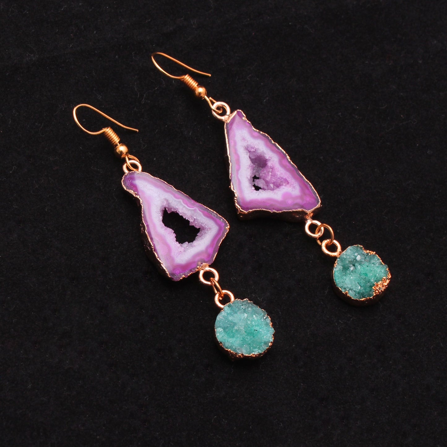 Green Pink Druzy Dangle Brass Earring GemsRush