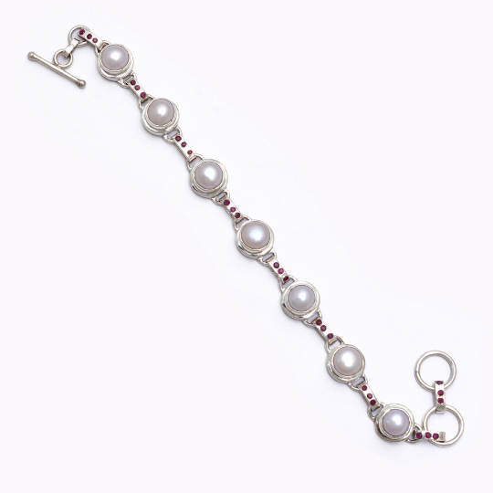 Handcrafted Sterling Silver Bracelet with Pearl Links and Garnet Tiny Stones GemsRush