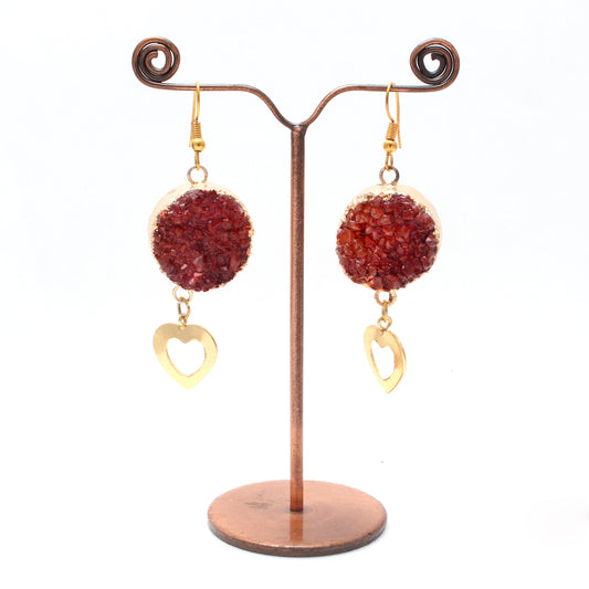 Hot Red Druzy Dangle Brass Earrings With Heart GemsRush