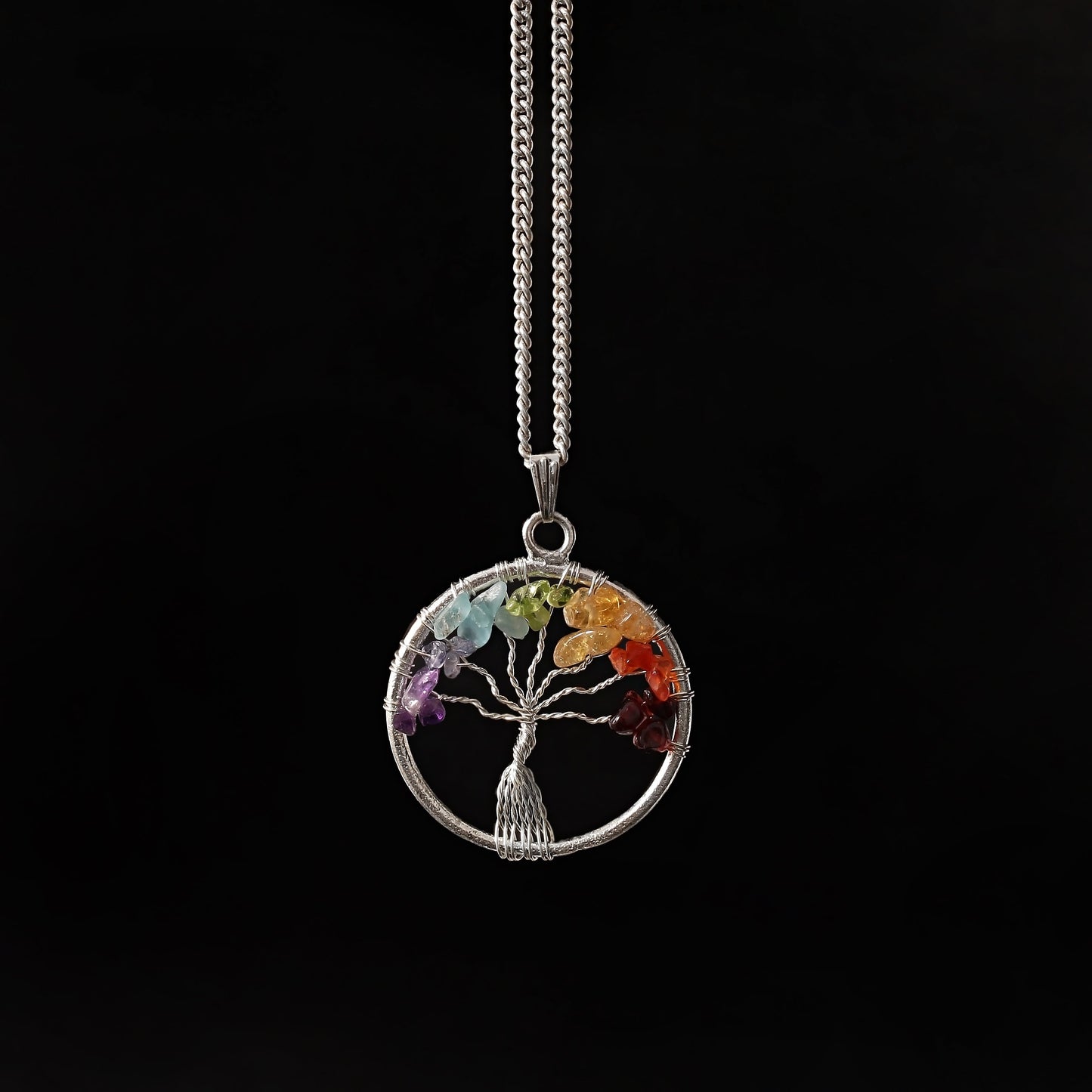 925 sterling silver tree of life pattern 7 chakra healing gemstone pendant with silver chain