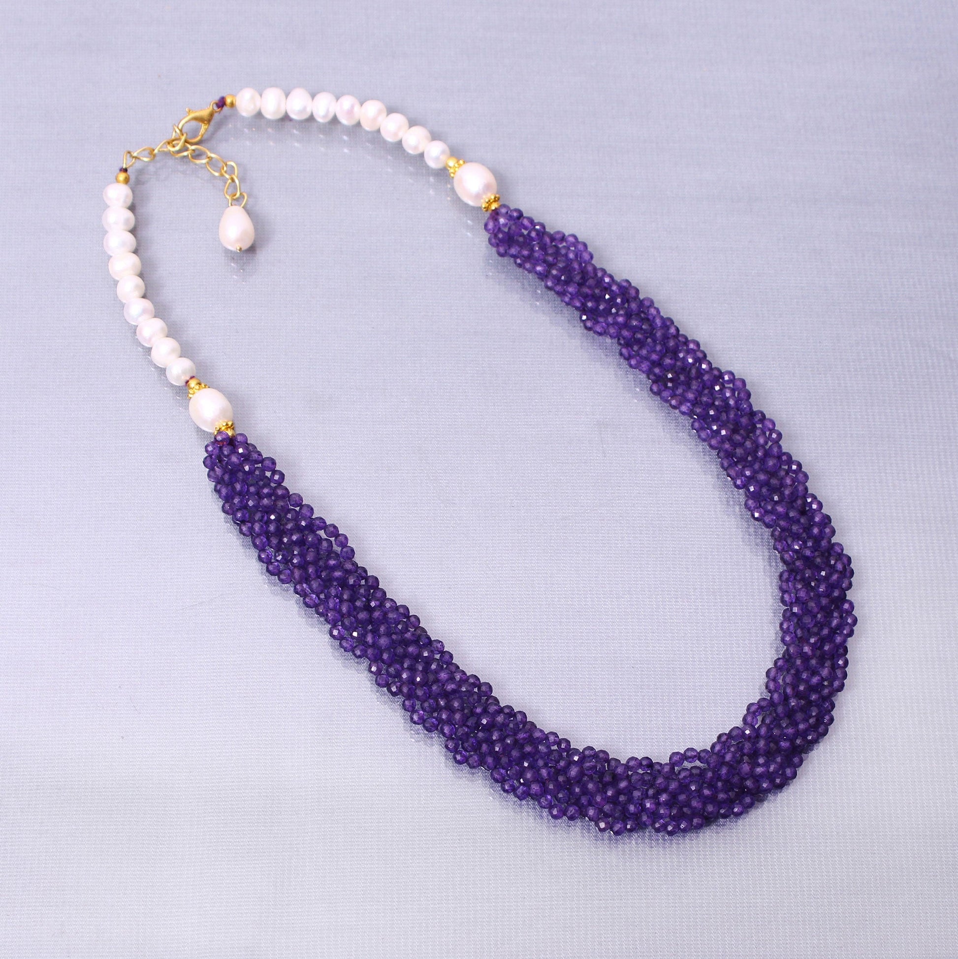 Luxurious Hand Woven Amethyst Pearl Necklace with Sterling Silver Gold Plated Chain GemsRush