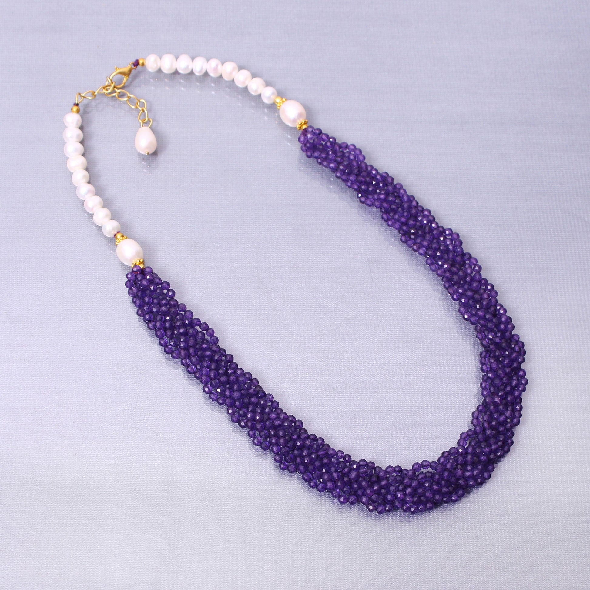 Luxurious Hand Woven Amethyst Pearl Necklace with Sterling Silver