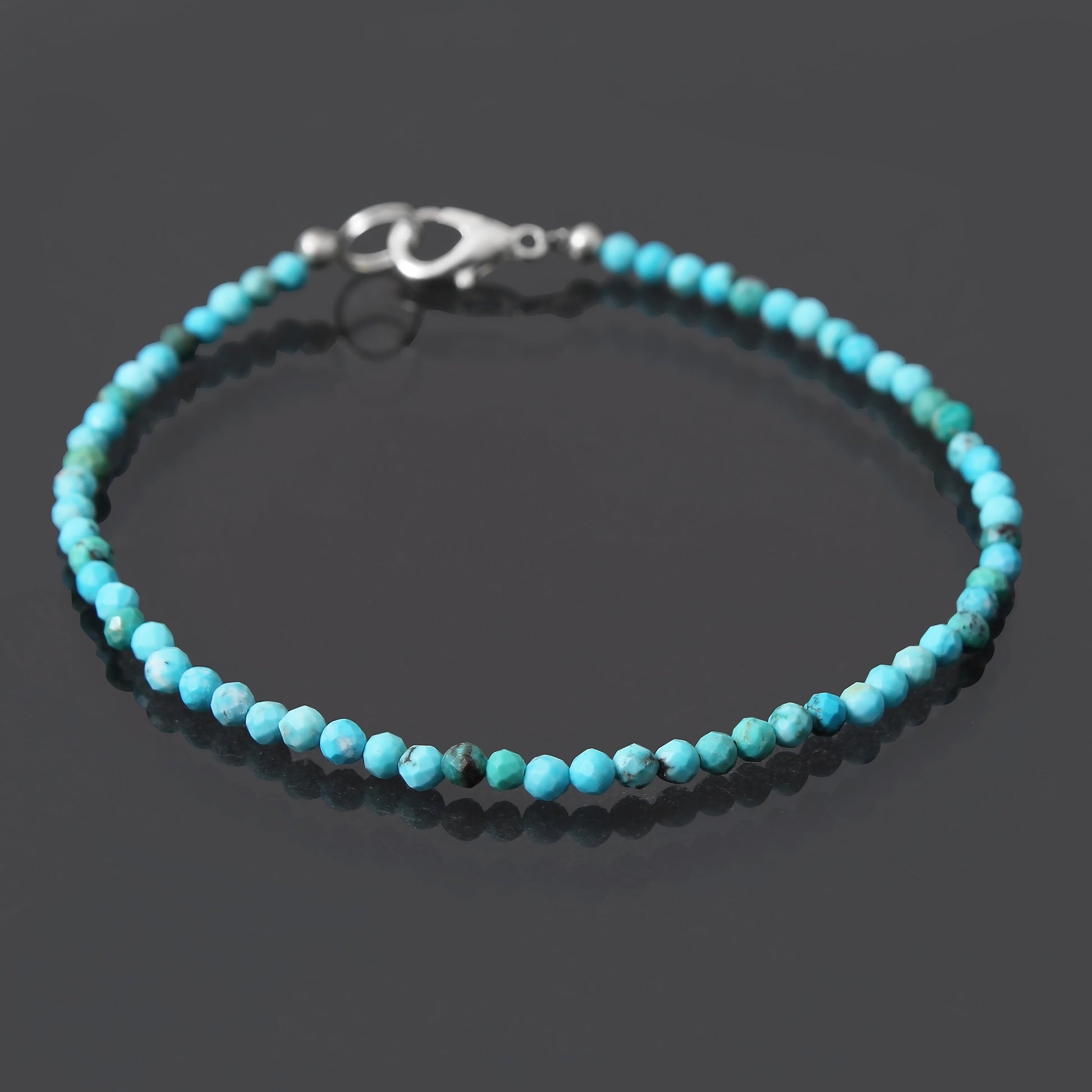 Natural 3mm Turquoise Beads Bracelet With Solid 925 Sterling Silver Lobster Lock GemsRush
