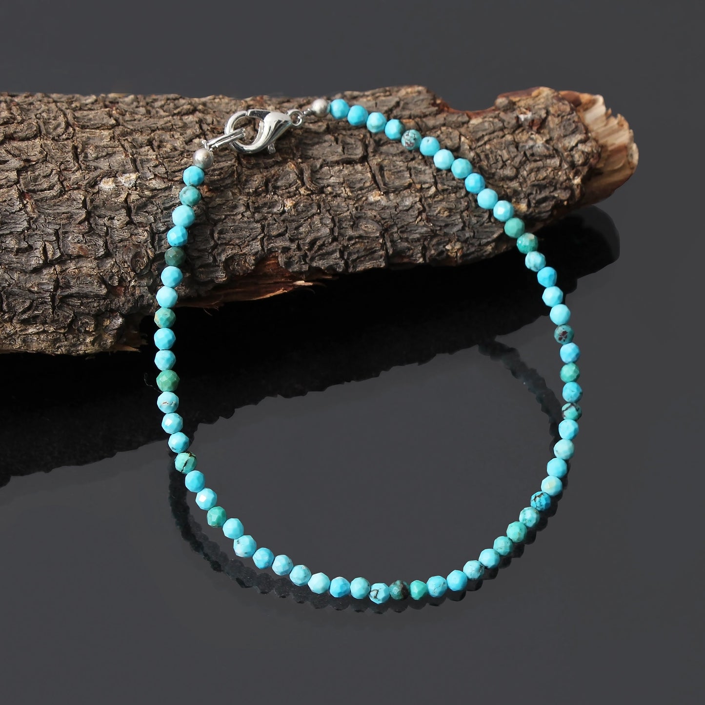 Natural 3mm Turquoise Beads Bracelet With Solid 925 Sterling Silver Lobster Lock GemsRush