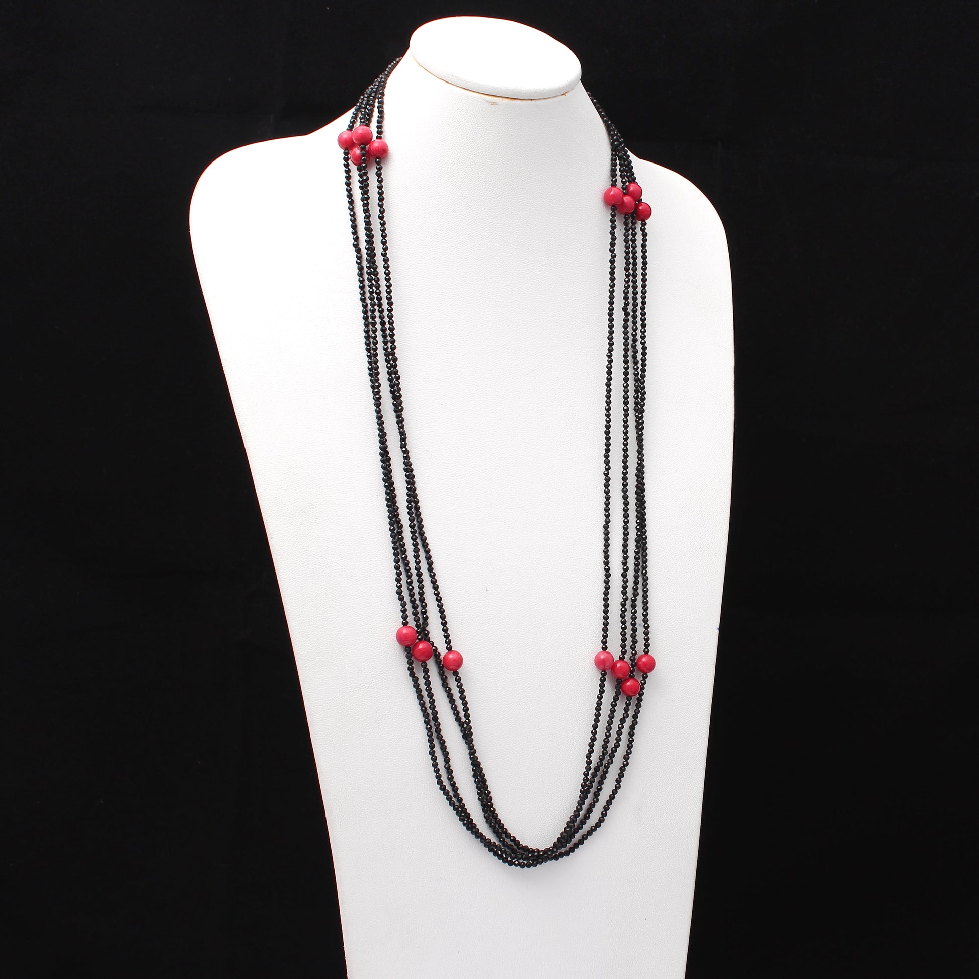 Natural Black Spinel & Red Coral Faceted Rondelle Smooth Necklace , Gift for women. GemsRush