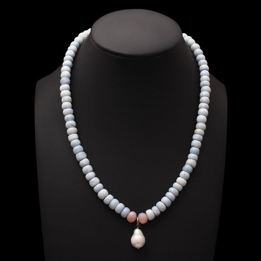 Natural Blue Opal / Pearl Beaded Necklace , Smooth Rondelle Beaded Necklace, Gift For Women. GemsRush