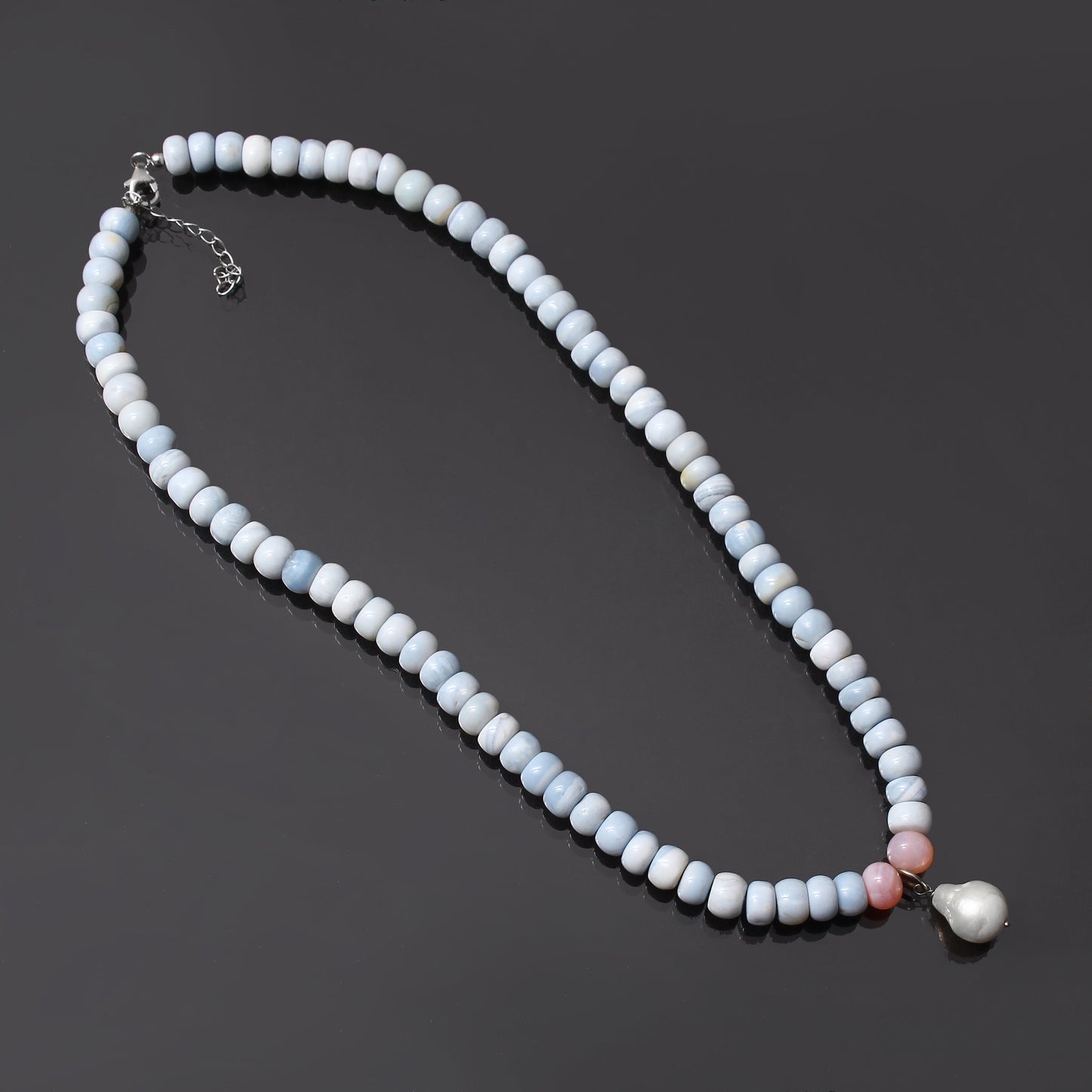 Natural Blue Opal / Pearl Beaded Necklace , Smooth Rondelle Beaded Necklace, Gift For Women. GemsRush