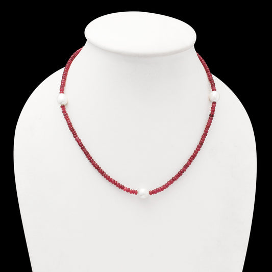 Natural Ruby & Pearl Beaded Charm Necklace, Smooth  Rondelle Beaded Necklace , Gifted For Women . GemsRush