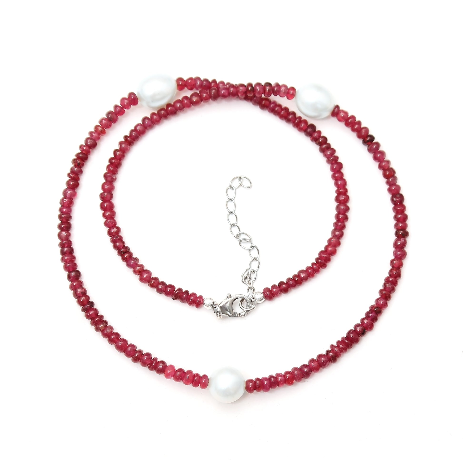 Natural Ruby & Pearl Beaded Charm Necklace, Smooth  Rondelle Beaded Necklace , Gifted For Women . GemsRush