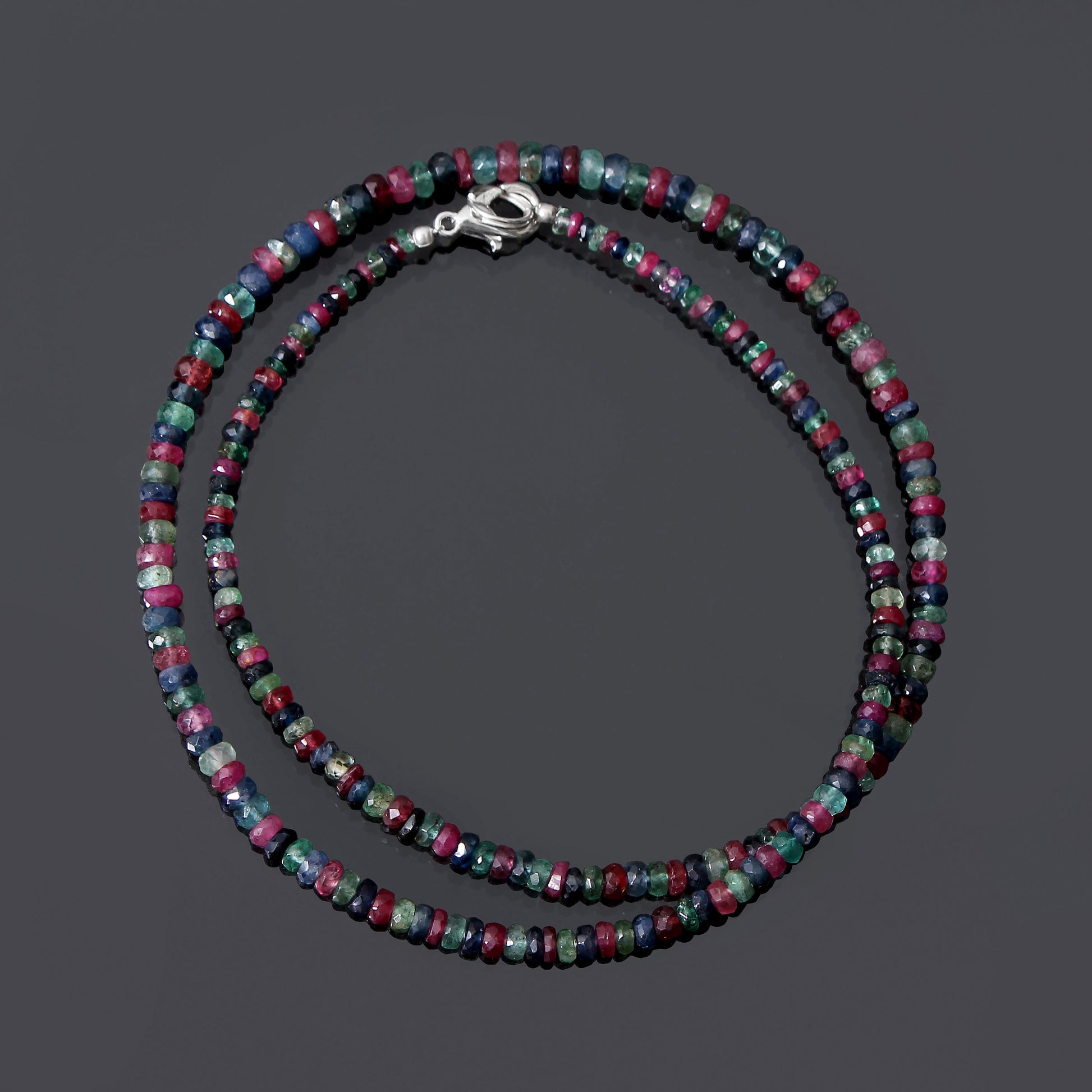 Natural Ruby / Sapphire / Emerald Beaded Necklace , Faceted Rondelle 3 Stone Beaded Necklace , Gift For Women . GemsRush