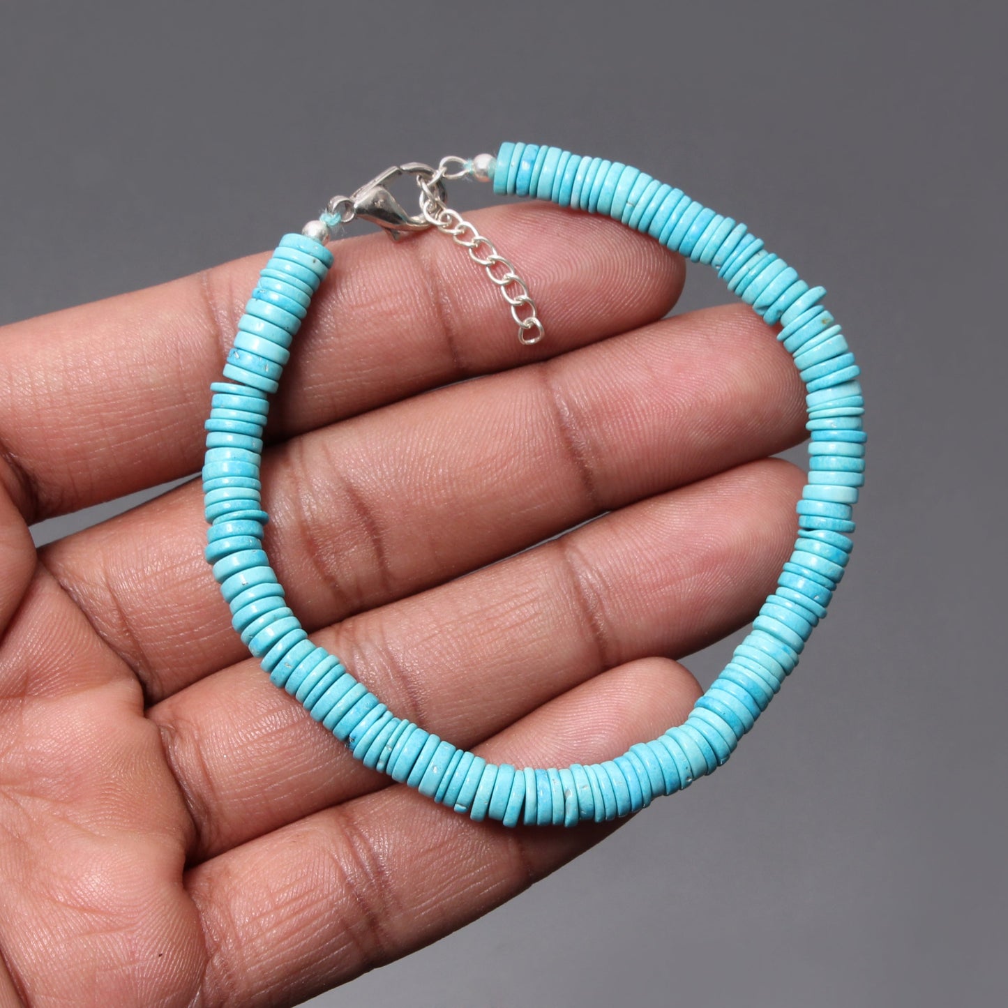 Natural Turquoise Gemstone Heishi Tyre Shape Memorable Bracelet With Silver Chain Lobster Lock GemsRush