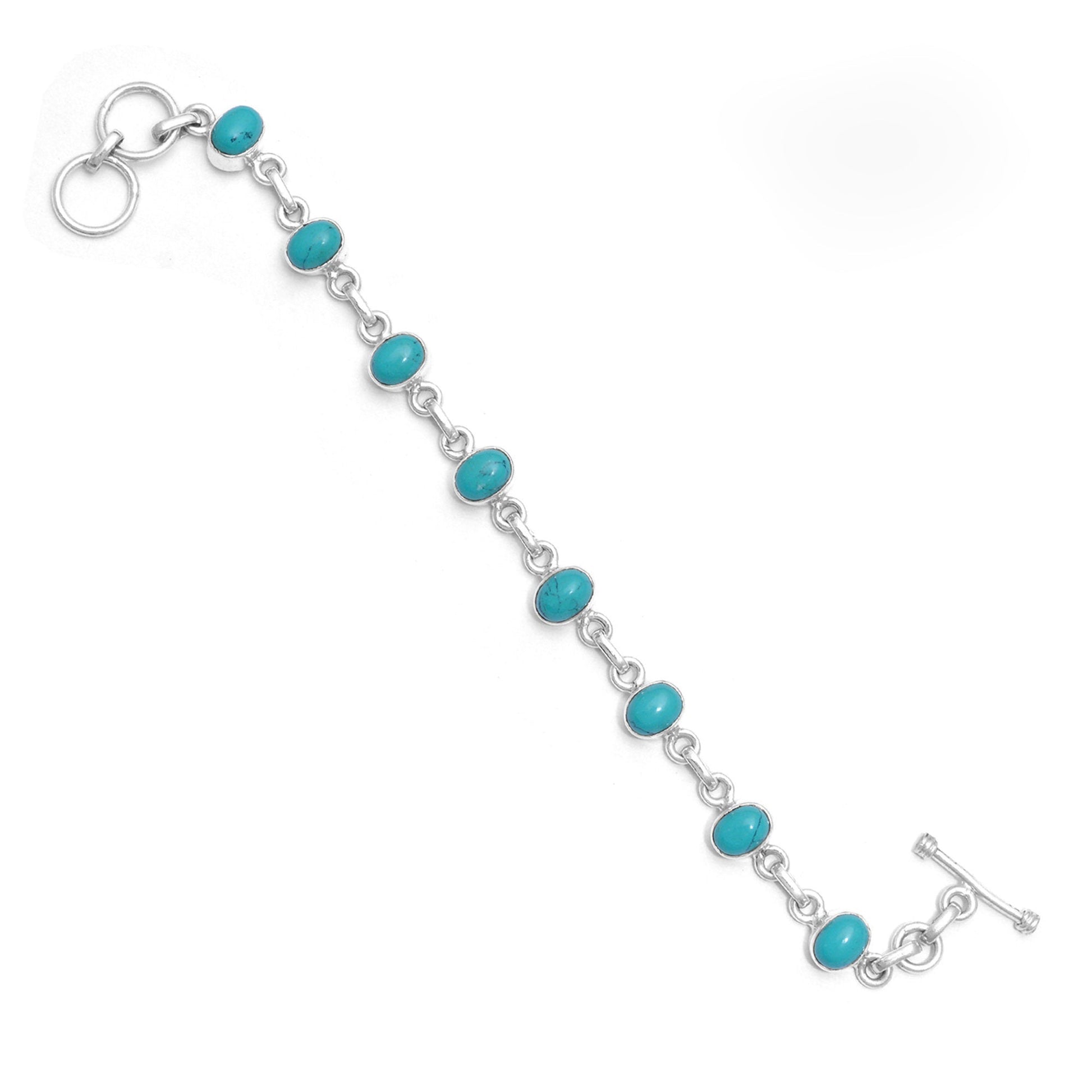 Natural Turquoise Gemstone Oval Shape Silver Link Chain Bracelet GemsRush