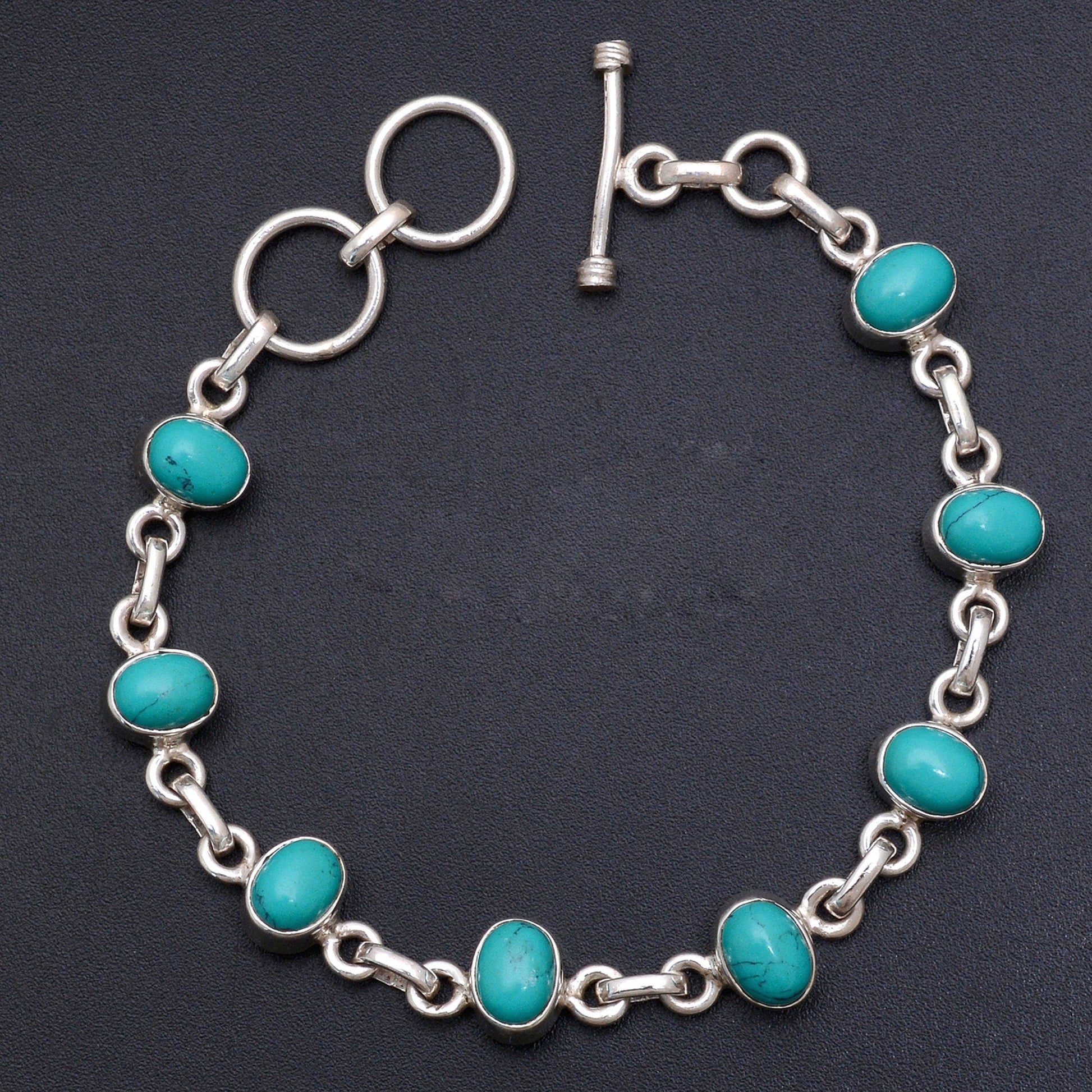 Natural Turquoise Gemstone Oval Shape Silver Link Chain Bracelet GemsRush