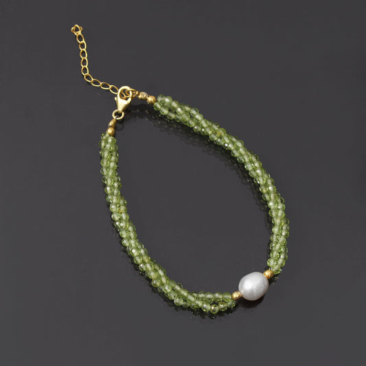 Peridot/Pearl Twist Layer Silver Bracelet ( Bolo Chain ) GemsRush