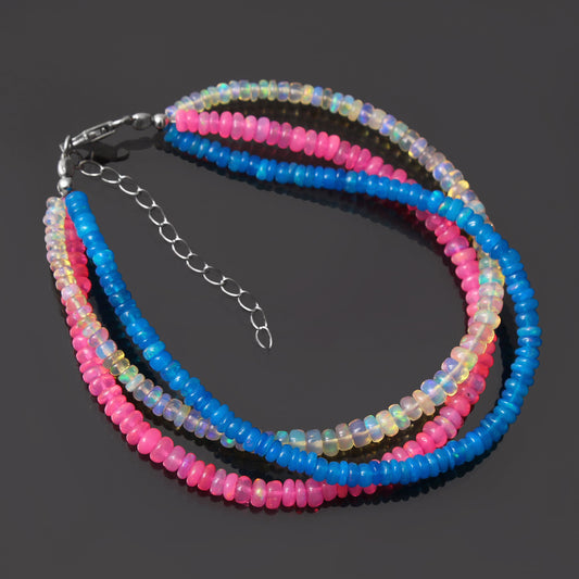 Pink Blue White Ethiopian Opal, 3 Strand Beaded Bracelet, Silver Smooth Bracelet . GemsRush