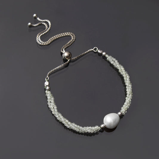 Prehnite /Pearl Bolo Chain Silver Bracelet . GemsRush