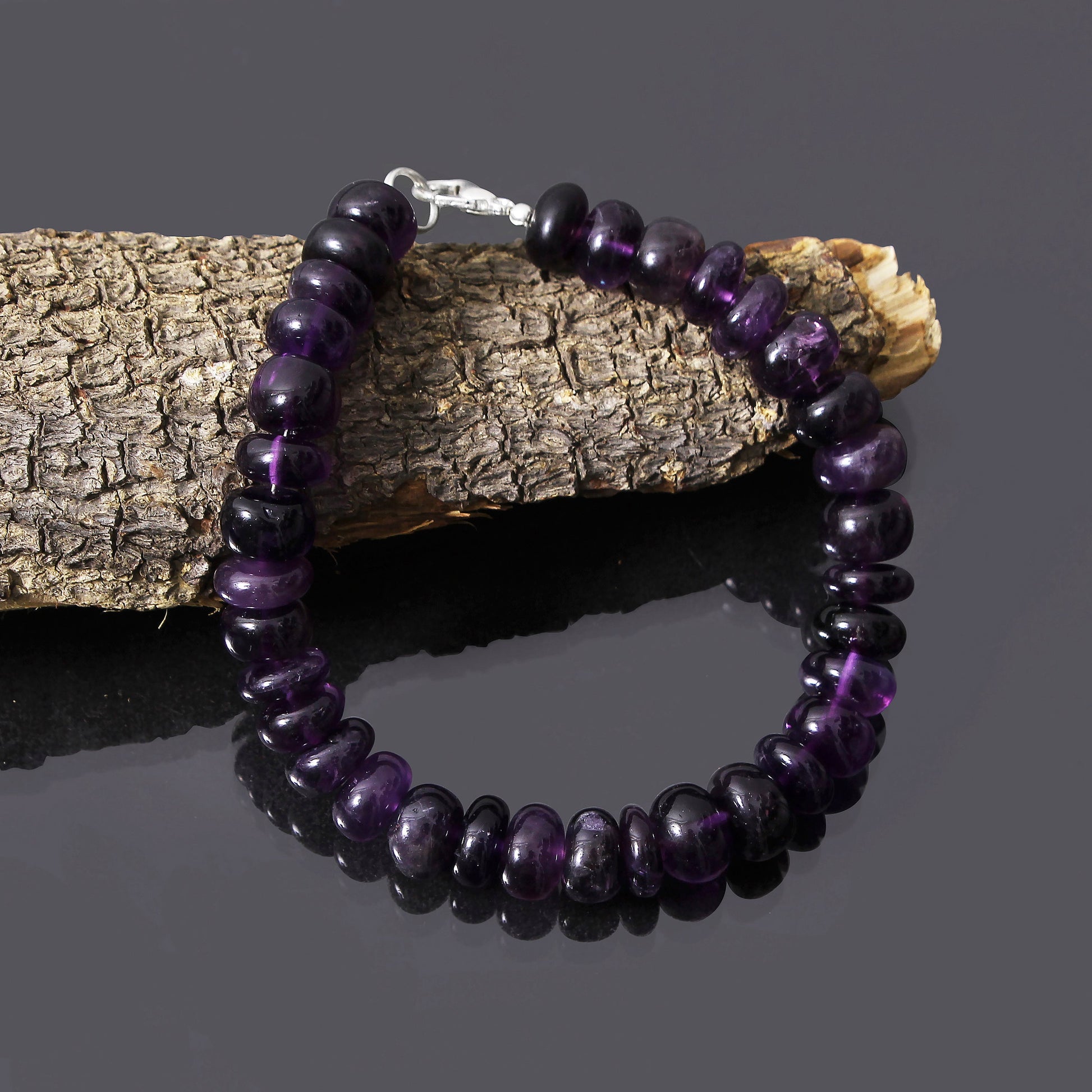 Purple Amethyst Beaded Smooth Round bracelet ,silver Lock Bracelet GemsRush