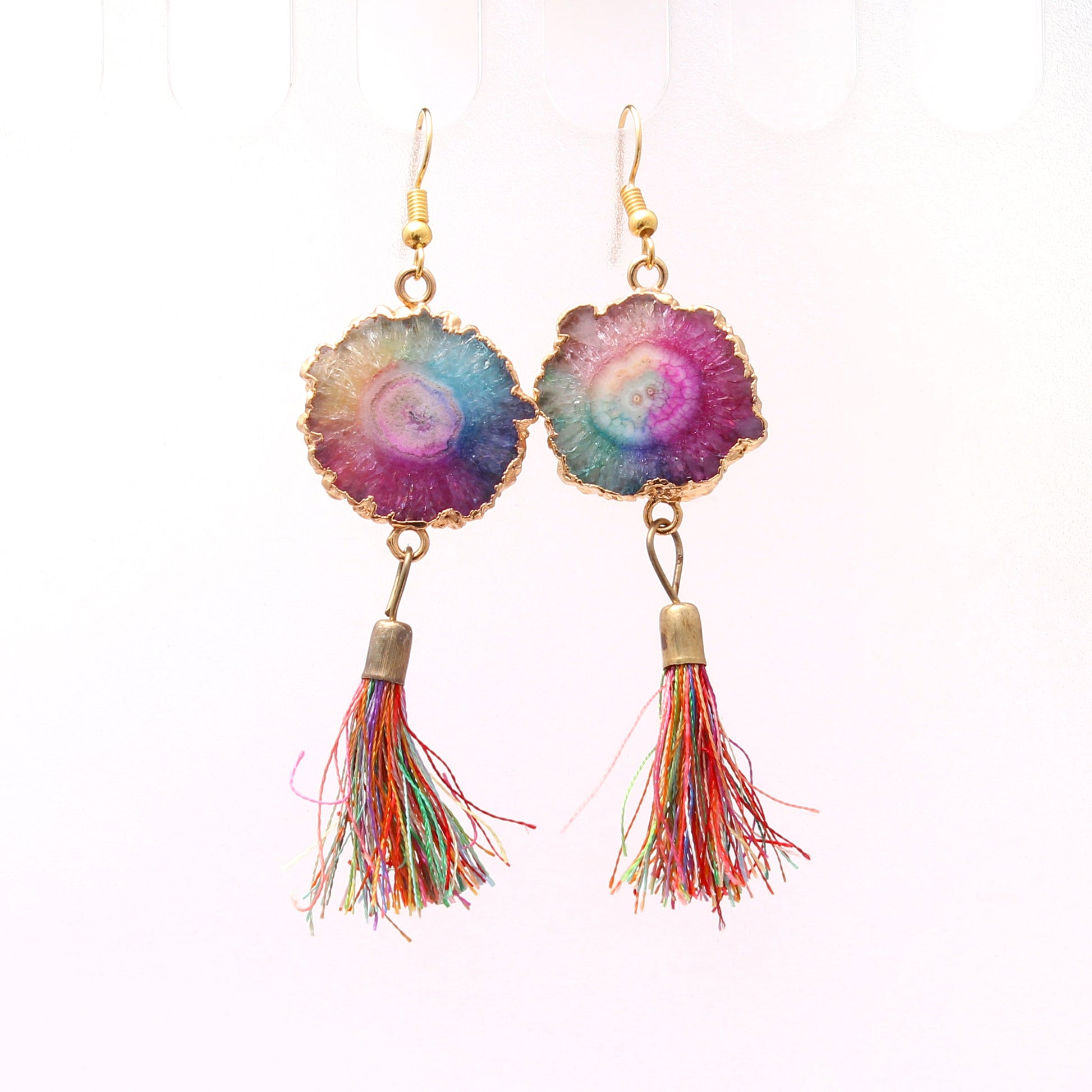 Rainbow Color Druzy Brass Earring With Tassel GemsRush