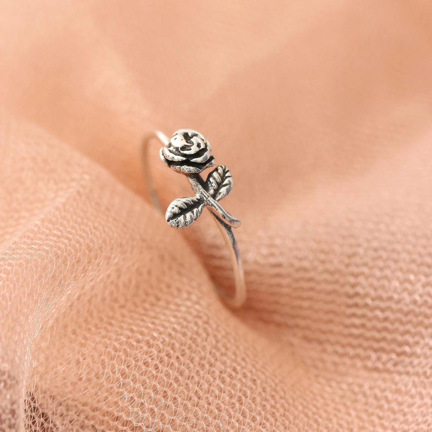Sterling Silver Beautiful Rose and Leaf Ring GemsRush