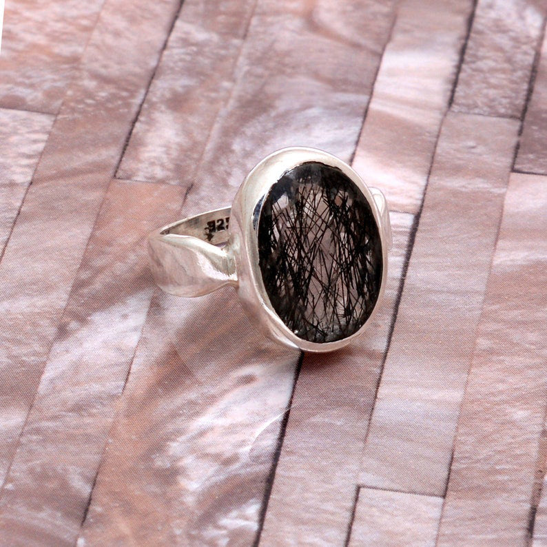 Stunning Black Rutile Quartz Silver Ring ( 6 Ring Size ) GemsRush