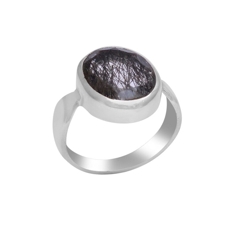 Stunning Black Rutile Quartz Silver Ring ( 6 Ring Size ) GemsRush