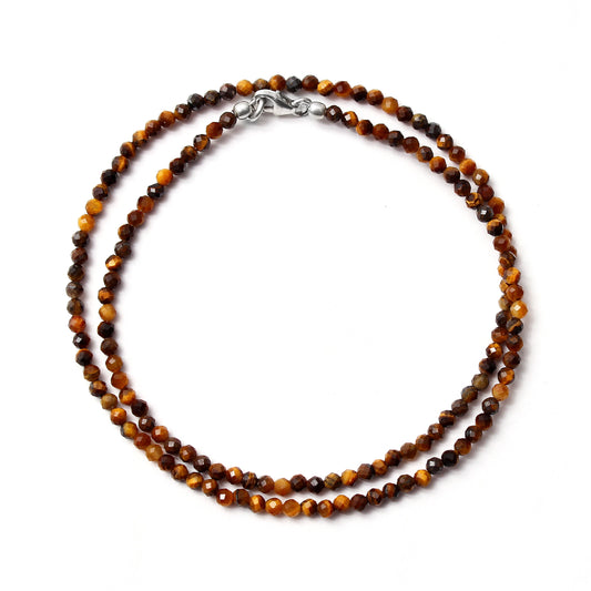 Tiger Eye Beaded Necklace, Micro Faceted Tiger Eye Round Beads Necklace, Gift for Her GemsRush