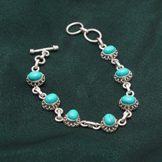Turquoise Flower Engraved Sterling Silver Link Bracelet With Toggle Lock - Jewelry Gift GemsRush