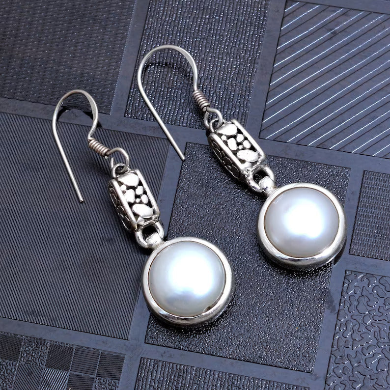 White Pearl Silver Dangle Earring GemsRush