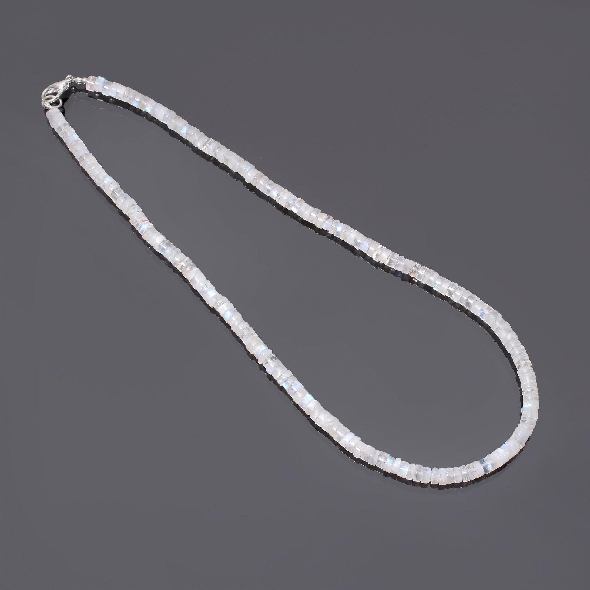 White Rainbow Moonstone Beaded Silver Necklace. GemsRush