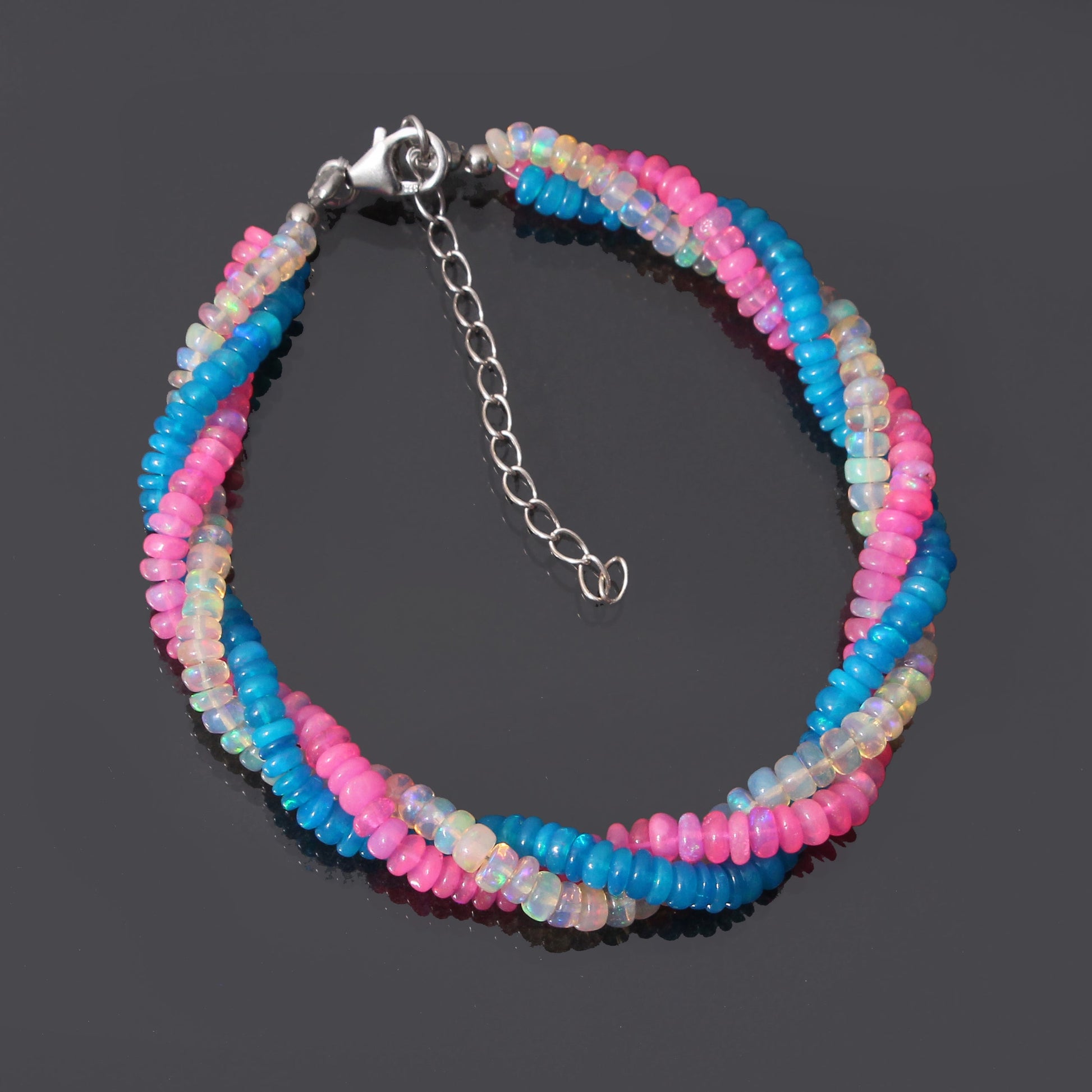 Yellow, Pink, Blue Ethiopian Opal Twisted Bracelet with Lobster Silver Lock GemsRush